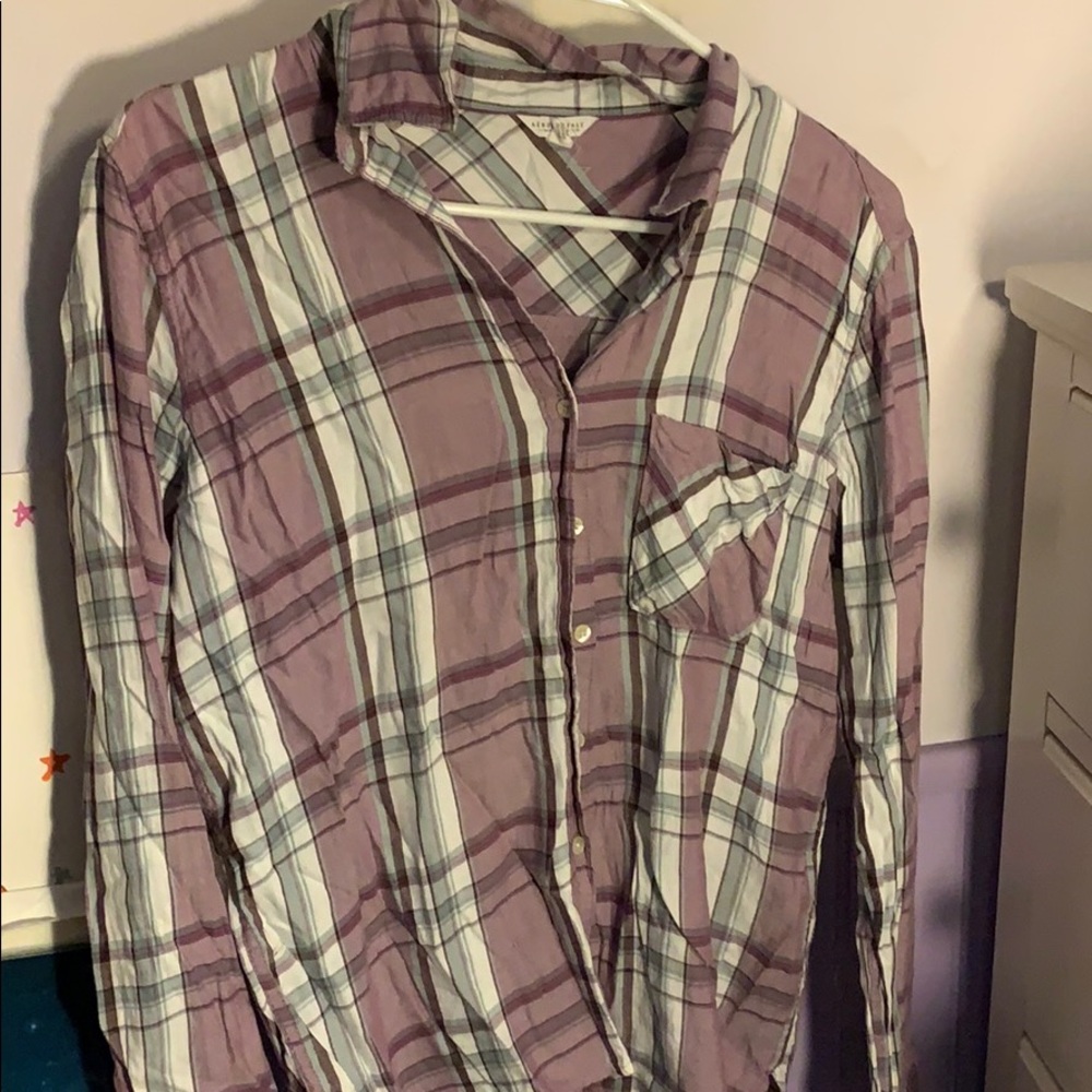 purple light green and white plaid shirt
